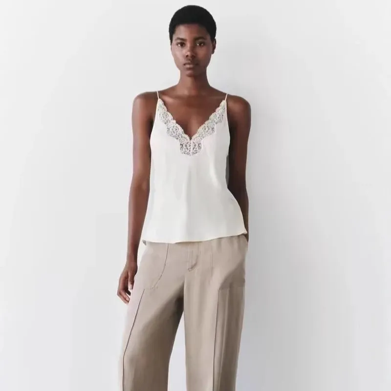 Women Lace Patchwork Tanks Tops Satin V-neck Solid Sleeveless Camisole Summer Women Spaghetti Strap Mini Tops Fashion Slim Camis