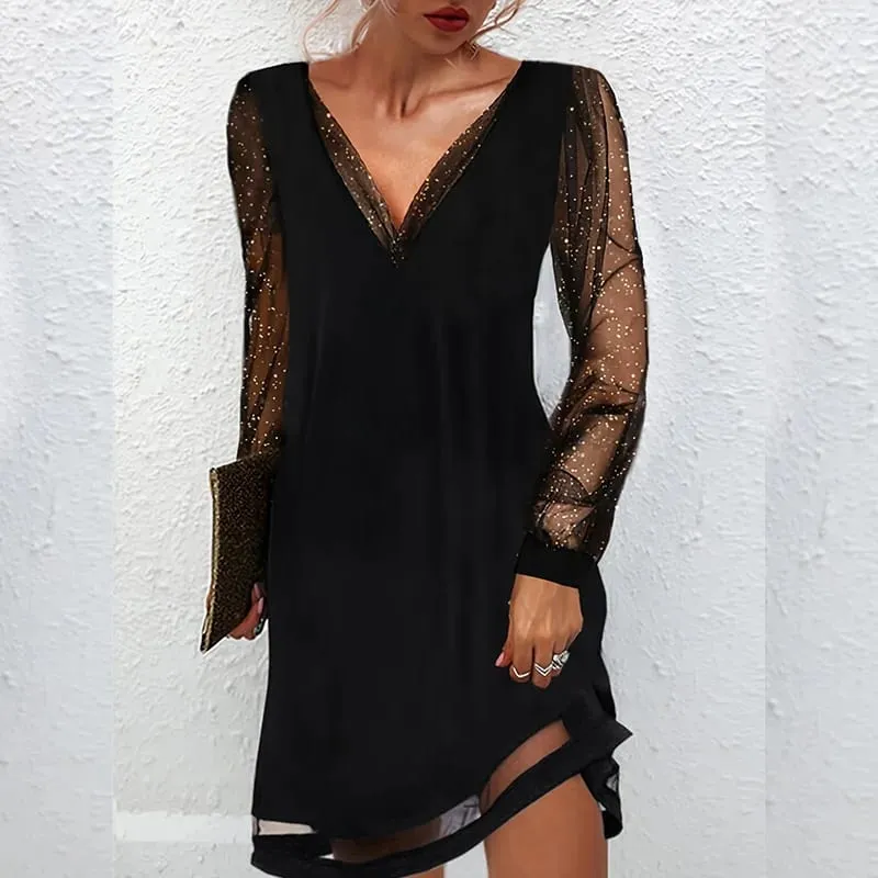 Women's Elegant V-Neck Mesh Patchwork Dress