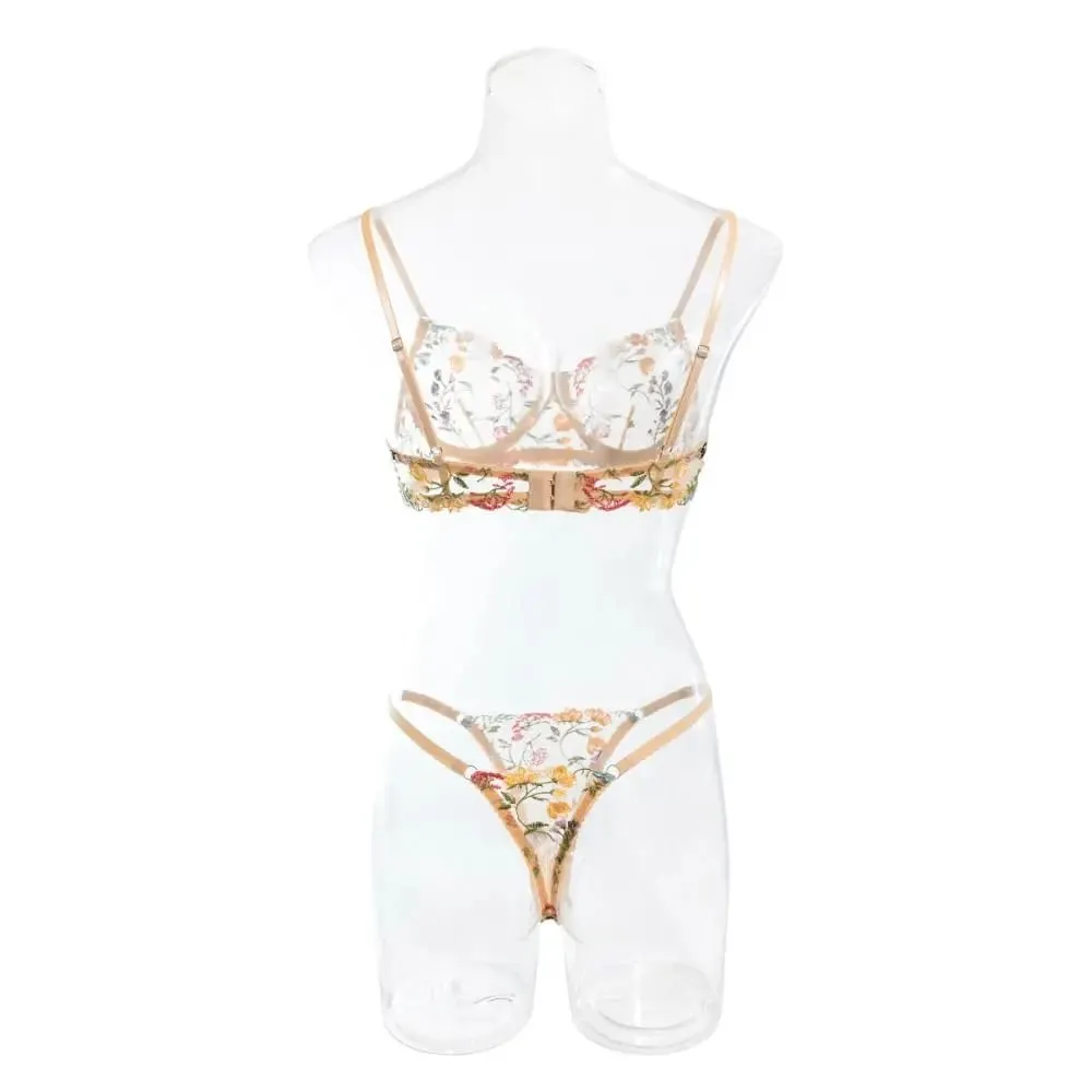 2-Piece Versatile Floral Lingerie Set Embroidery Sheer Boho Bra Panty Set Intimates