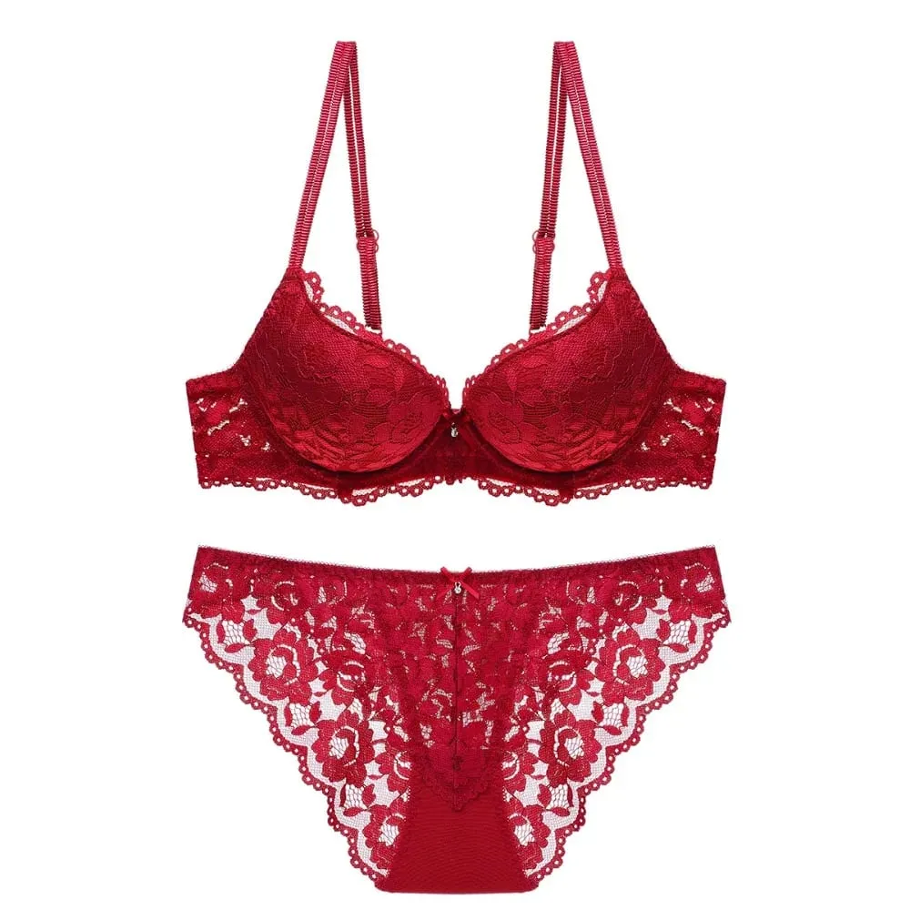 Sweet Mesh Lace Flower Bra Low Waist Bowknot Push Up Bra Women Lingerie Intimates Bra Panties Set Girl