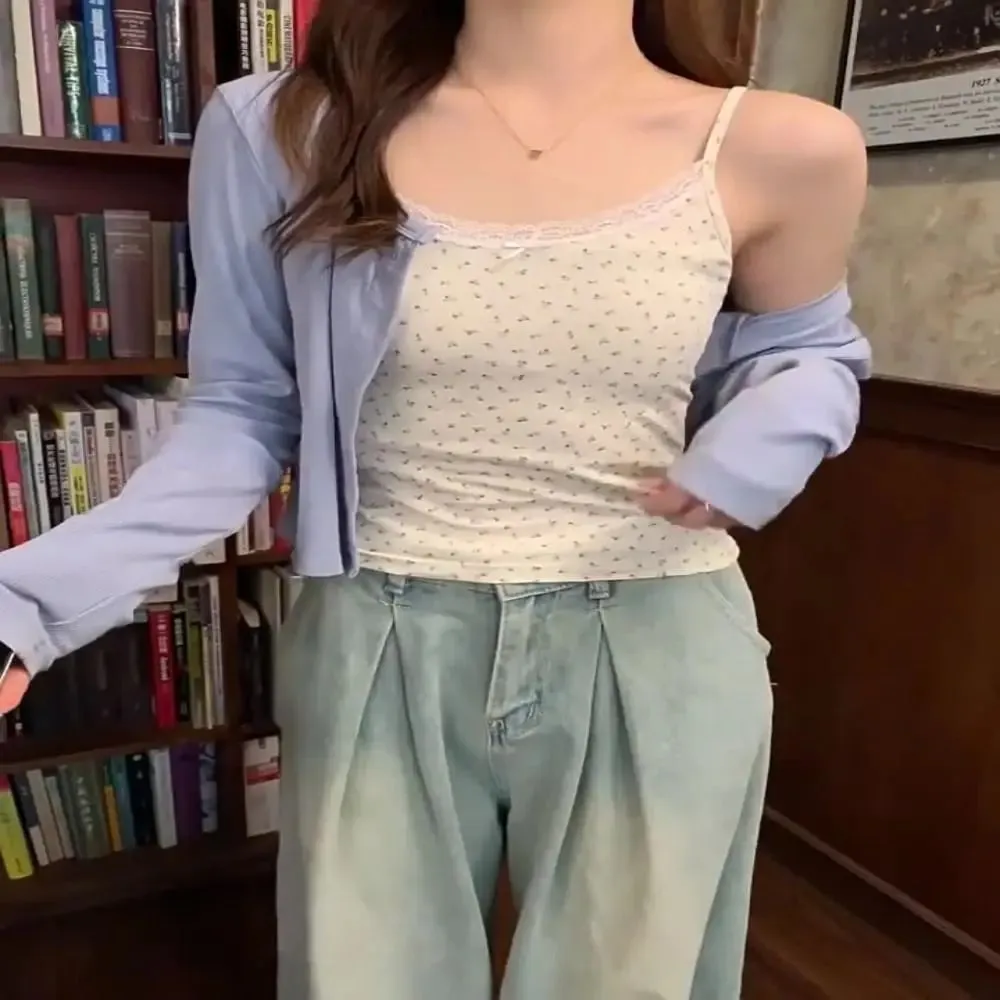 Sweet Floral Tops Lace Flower Print Camis Elegant Y2K Short Tank Tops Slim One Size Sexy Vest Lady