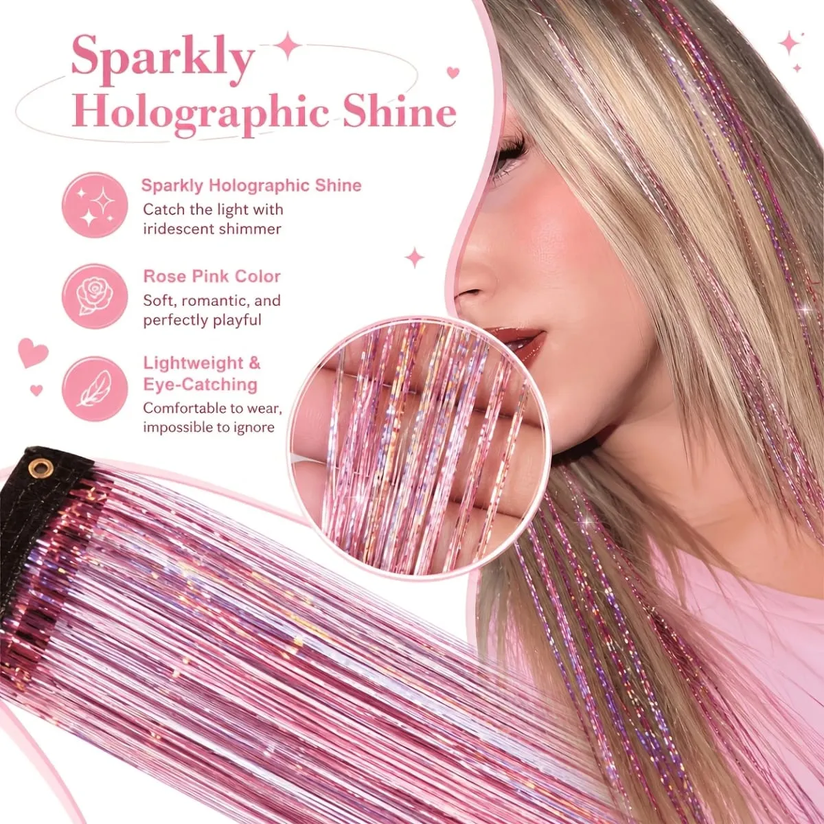 4pcs Clip-In Hair Tinsel Extensions Sparkly Holographic Glitter Hair Strands with Snap Clips Reusable Easy-To-Wear Hair