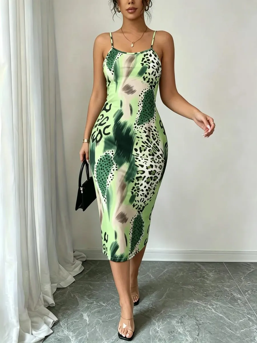 Women Spaghetti Strap Midi Dress Green Leopard Print Bodycon Casual Dress Summer Sexy Party Cocktail Clubwear Date Dress