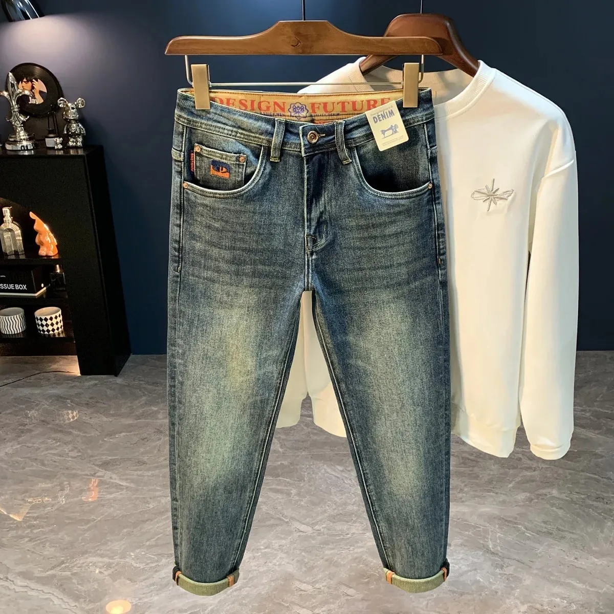 2025 autumn new jeans men's high-end street trend stretch slim fit small feet retro fashion casual pants