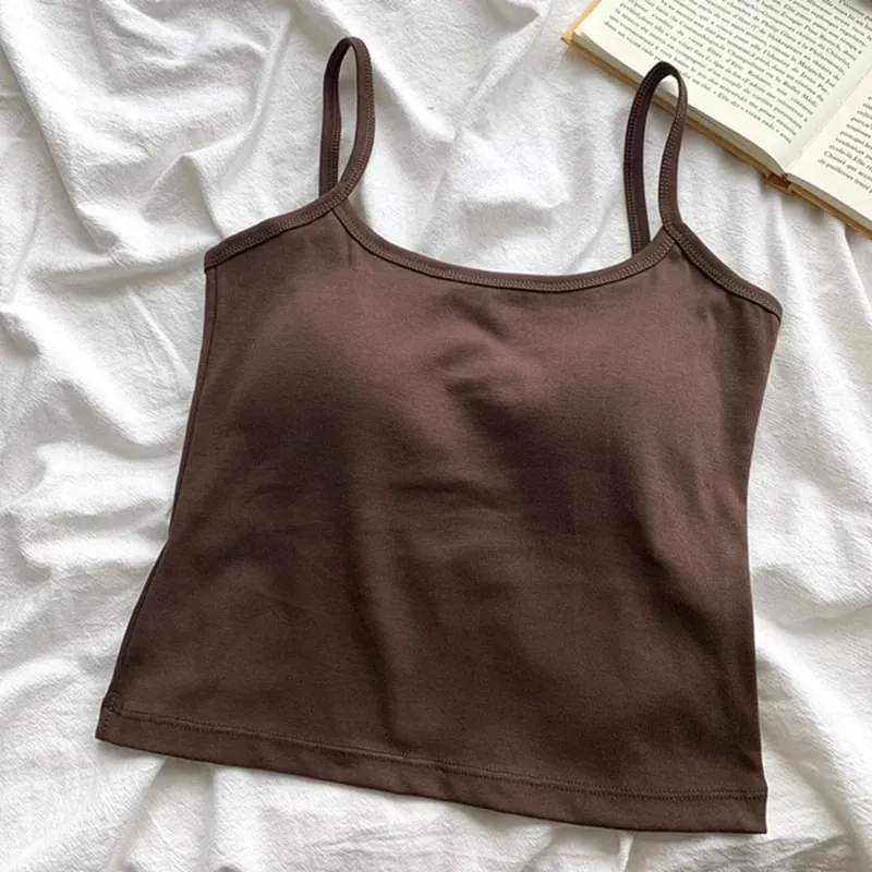 Women's Camisole With Built In Bra Pads Slim Fit Crop Tank Top Basic Spaghetti Strap Cami Casual Summer Sleeveless Top
