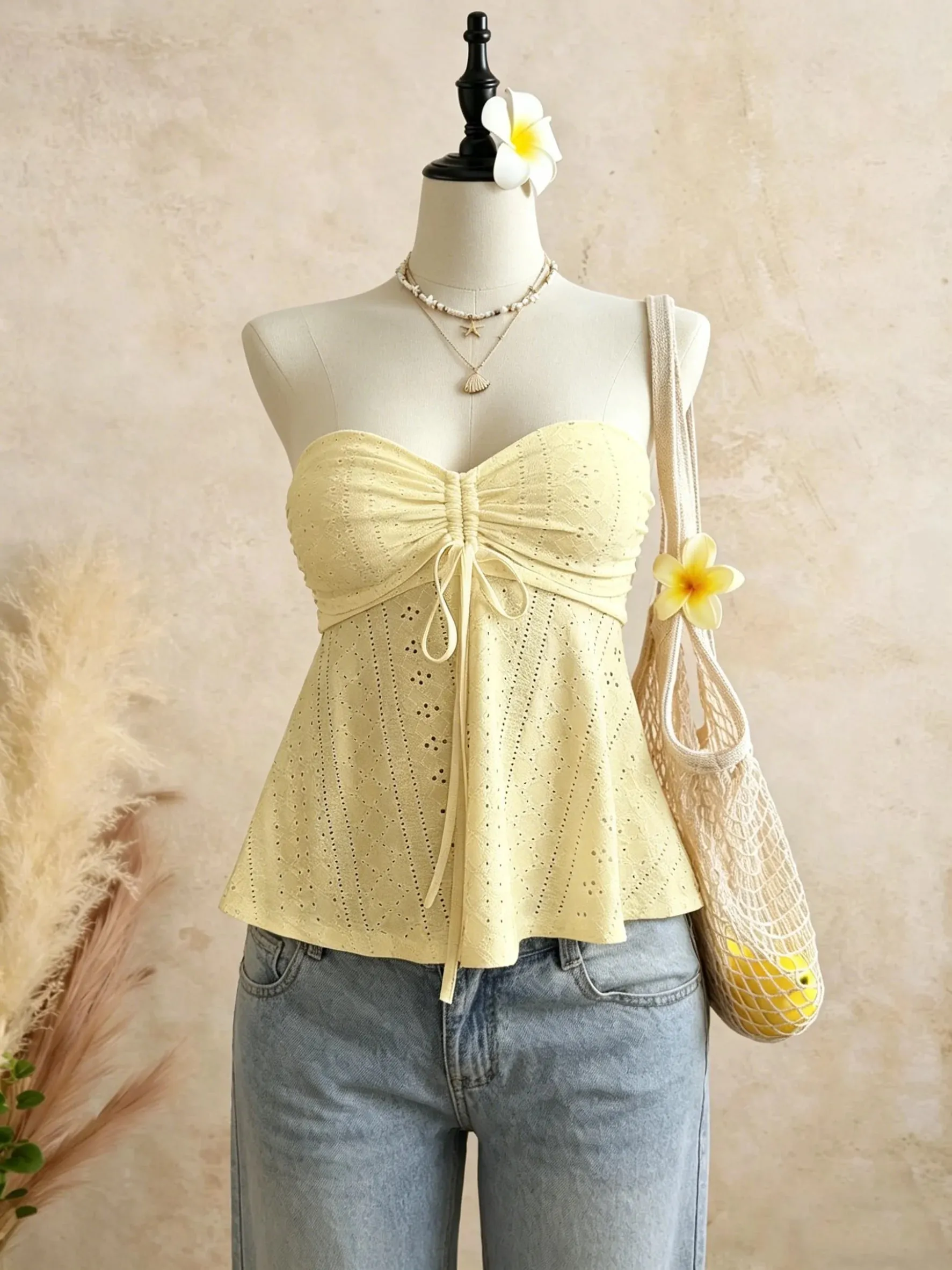 Women Yellow Eyelet Lace Tube Top Casual Ruched Tie Front Peplum Strapless Camisole