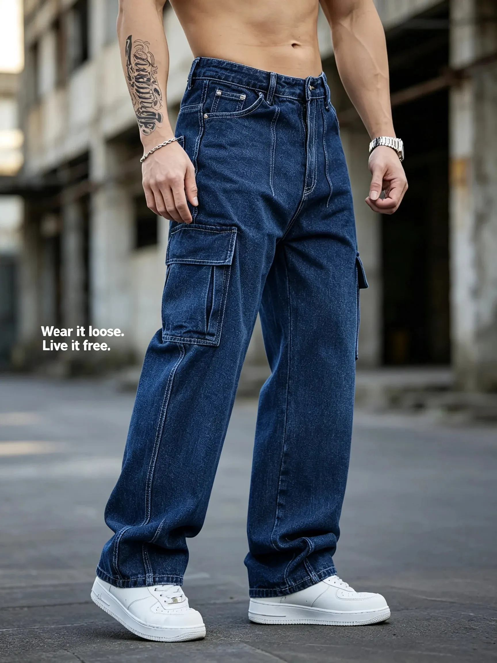 Men Baggy Cargo Jeans Retro Army Style Loose Fit Multi‑Pocket Denim Trousers Men's Casual Daily Outdoor Street Work Pants