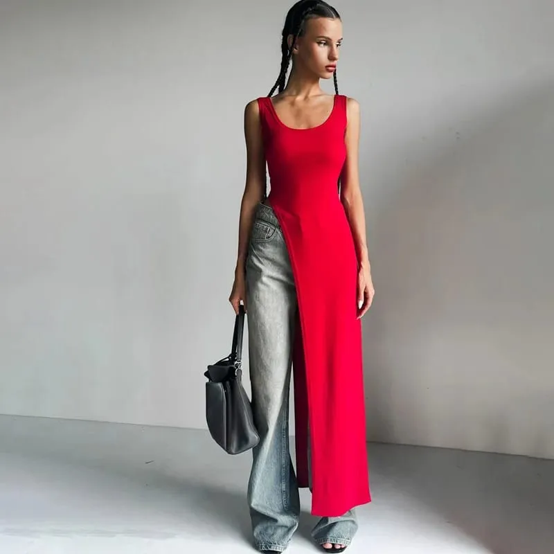 Tren kepribadian musim panas gaun rompi kamisol tanpa lengan hem asimetris tidak beraturan ceruk jalanan warna solid slim fit