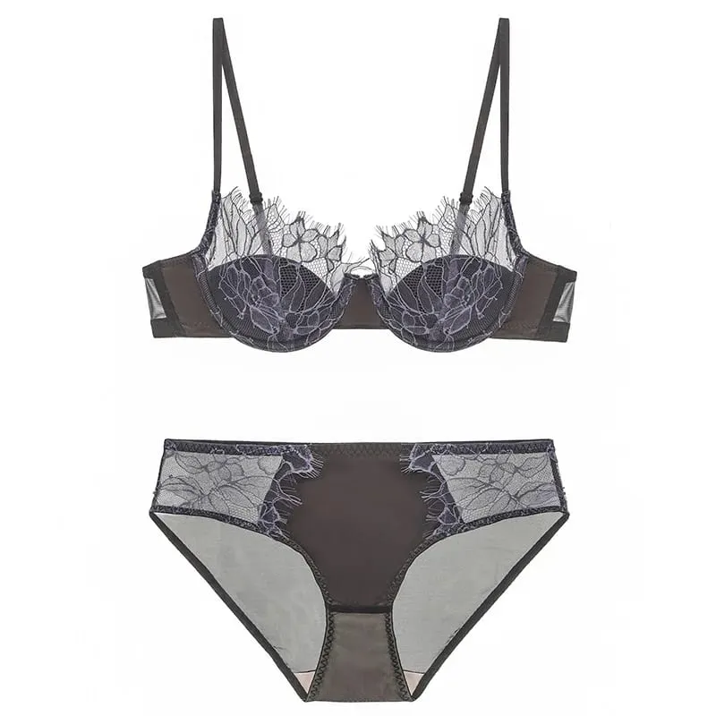 2 Pieces French Eyelashes Lace Underwear Set for Women Hollow 1/2 Thin Cup Push Up Bra Adjustable Strap Brassiere Lingerie — image 2