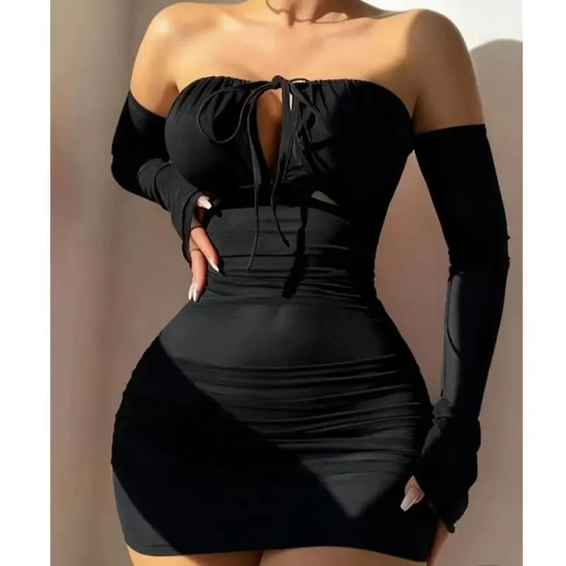 Sexy Beauty Transparent Bra Lace-Up Tight Dress With Gloves Lingerie Sets Women Off-the-shoulder Sexy Underwear Pajamas