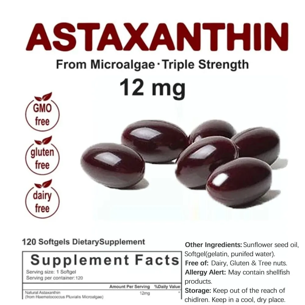 Astaxantina de triple potencia 12 mg - Suplemento antioxidante de astaxantina natural sin OGM verificado y sin gluten - 120 cápsulas blandas