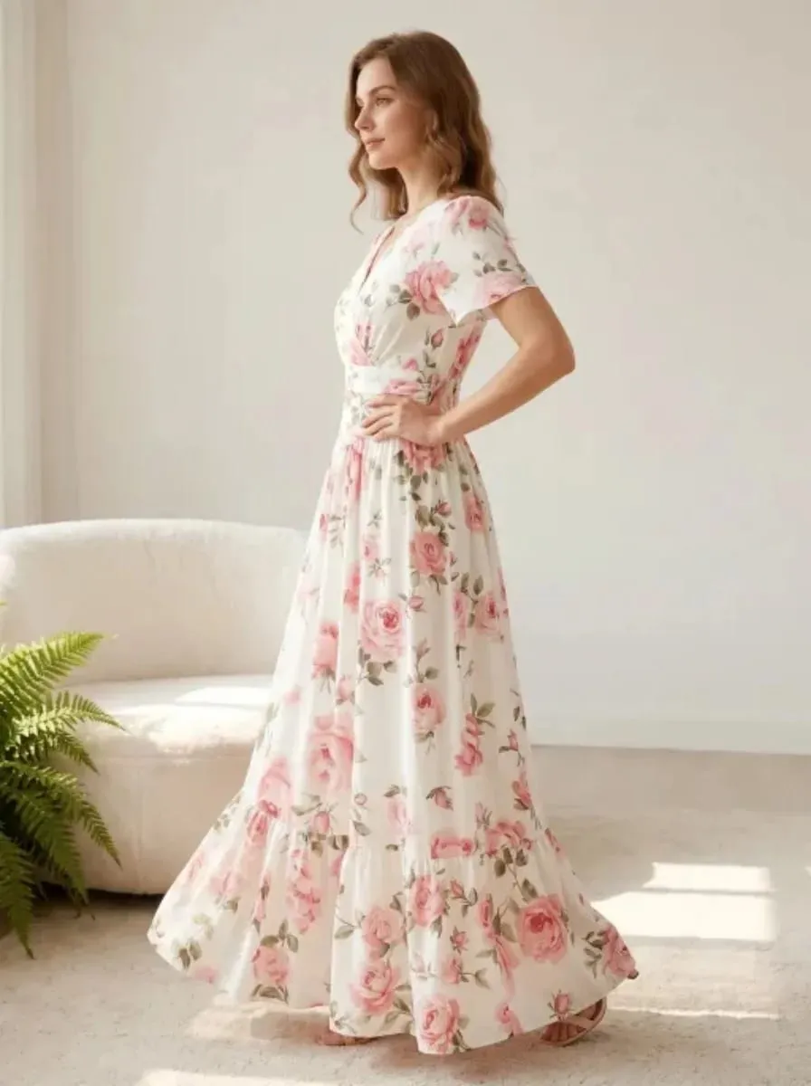 Elegant V-Neck A-Line Long Dress Soft Rose Print Summer Vacation Gown Women's Casual Maxi Skirt