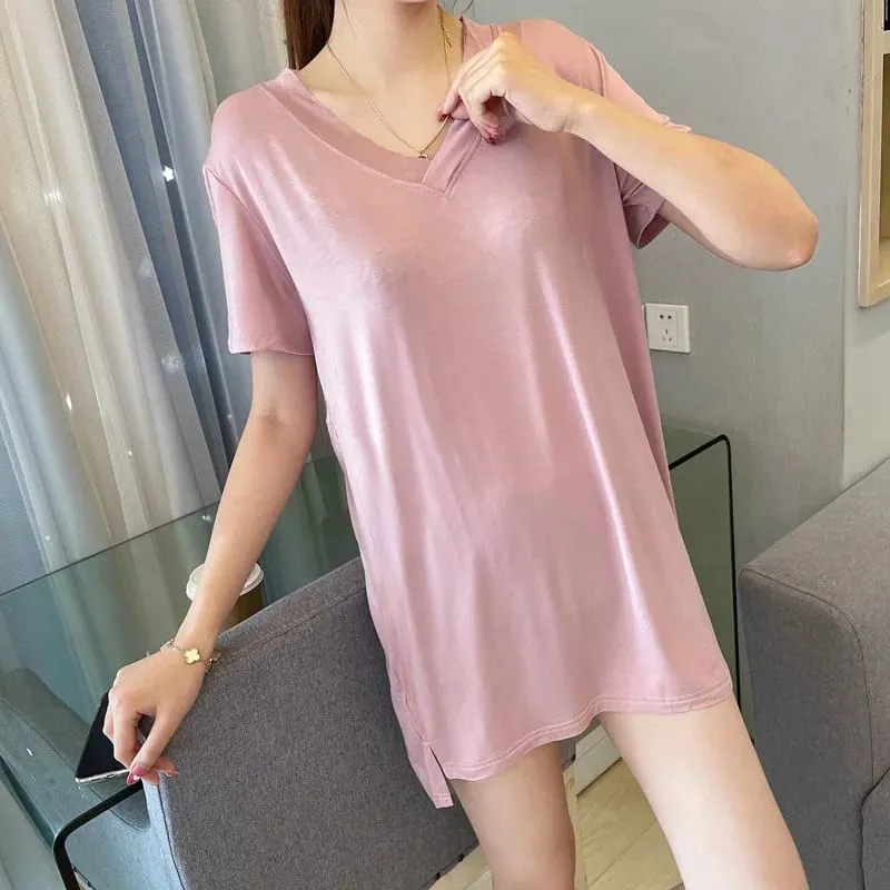 Loose Modal Short Sleeve V-Neck Midi Dress Thin Home Clothes Sleepwear Women's Base Skirt Comfortable plus Size Casual Style