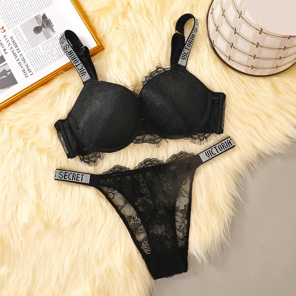 Victoria Secret Sexy Lingerie Set Very Sexy Eyelash Lace Fringe Trim Push Up Bra Shine Script Thong Panty Women