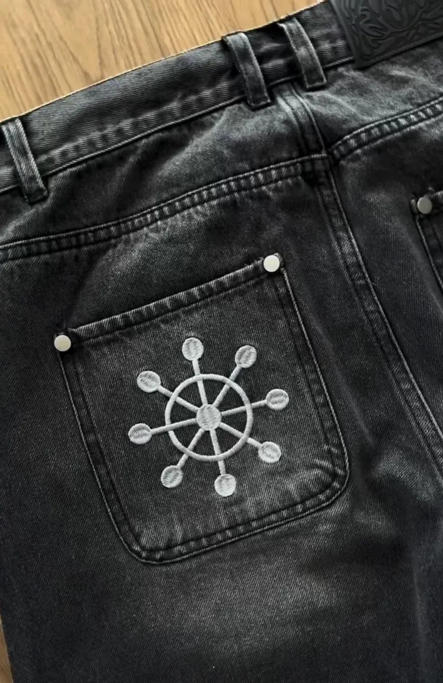 Y2K Gothic Japanese Embroidery Baggy Jeans High Street Retro Straight Wide Leg Denim Pants Harajuku Work Pants Pirate Jeans