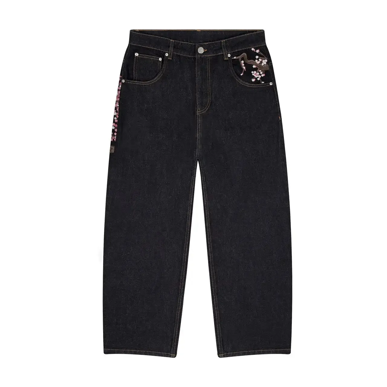 อเมริกัน Retro Pocket Cherry Blossom ปักกางเกงยีนส์ Y2k Vintage Men Casual Baggy ตรงขากว้างขากว้างกางเกง Hip Streetwear