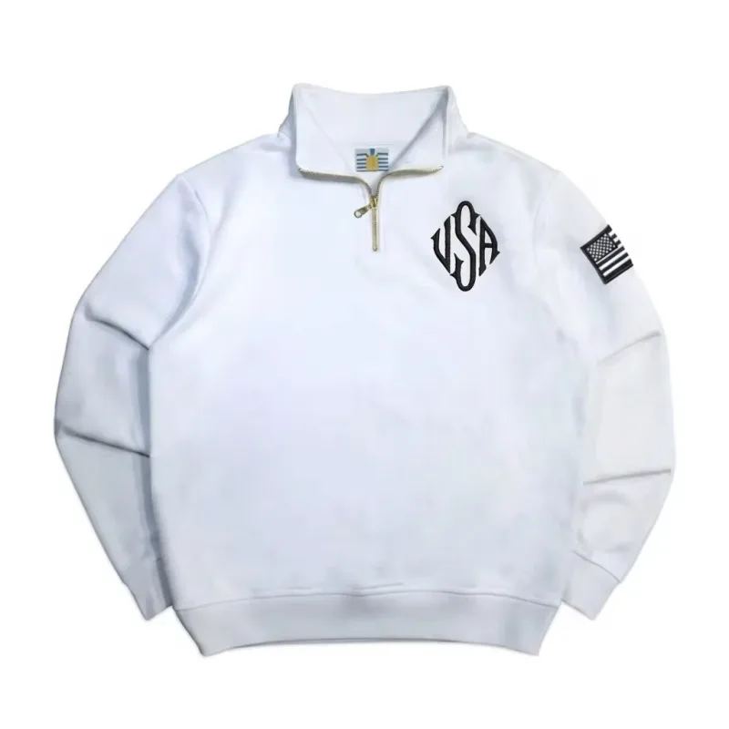 Hot Sell American Flag Embroider Hoodies Quarter Zip Sweatshirts Men Y2k Casual Sweater Pullover Patch Sleeve Streetwear