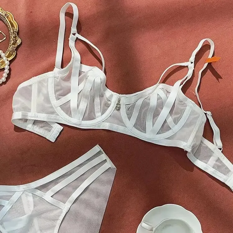 Women Strappy Mesh Lingerie Set Underwire Bra Panty Set Metal Pendant Sheer Intimate Underwear For Women Daily Nightwear