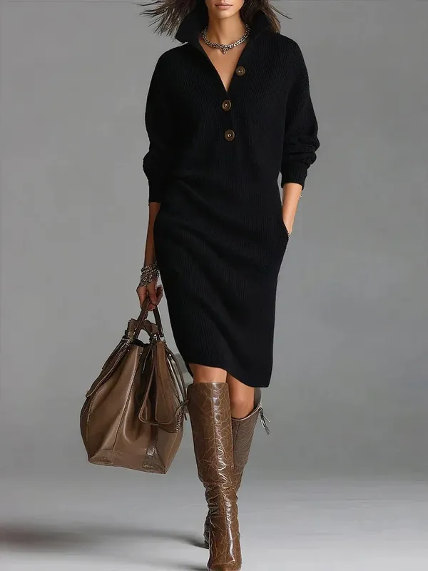 New Autumn Casual Button Loose Straight Knitting Mid-Length Sweater Dresses Women's Fashion Lapel Long Sleeve Pocket Party Dress
