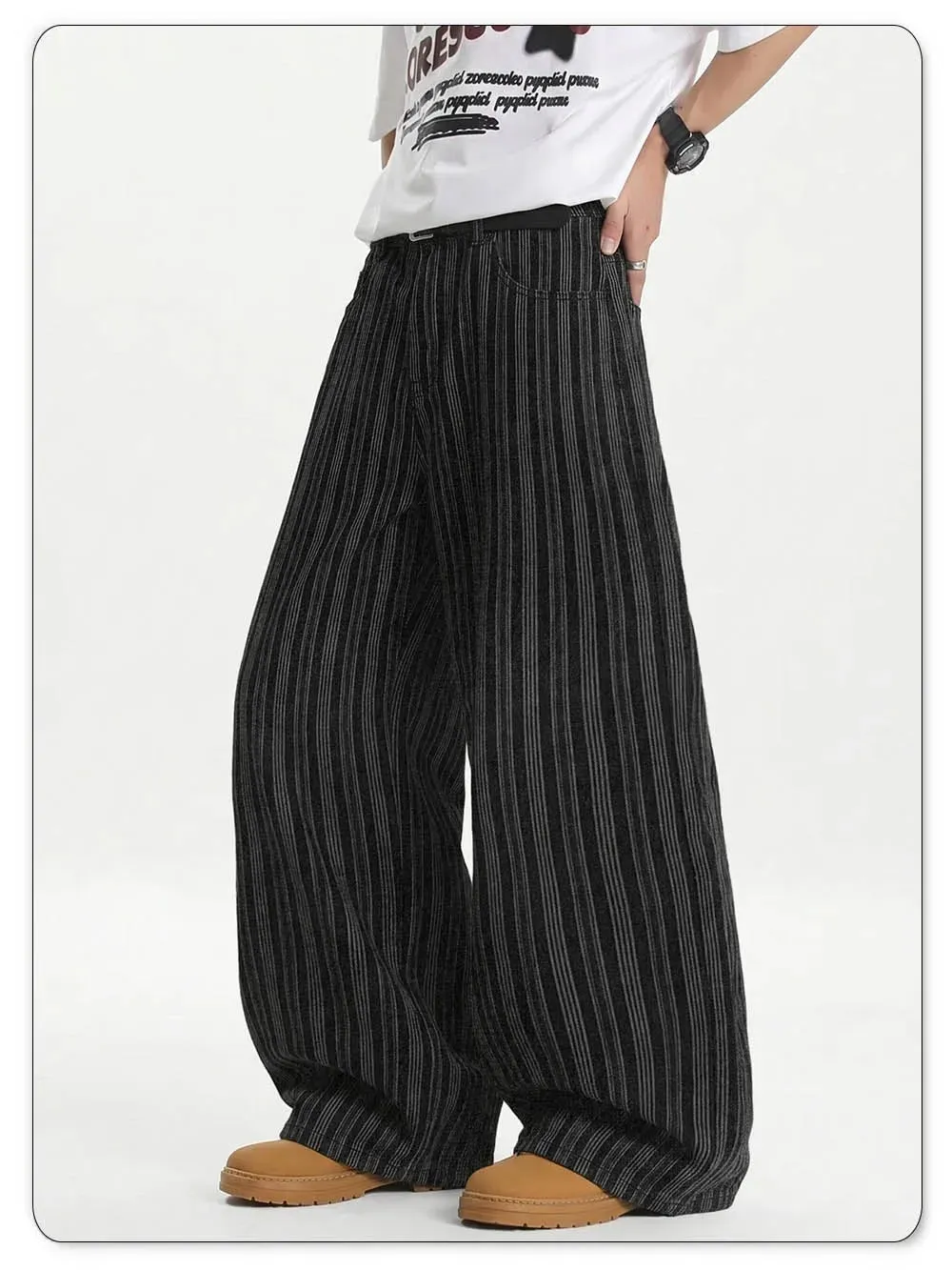 Men's Retro Vertical Stripe Jacquard Baggy Wide Leg Jeans Washed Denim Trousers Y2K Skater Hip Hop Streetwear Daily Casual
