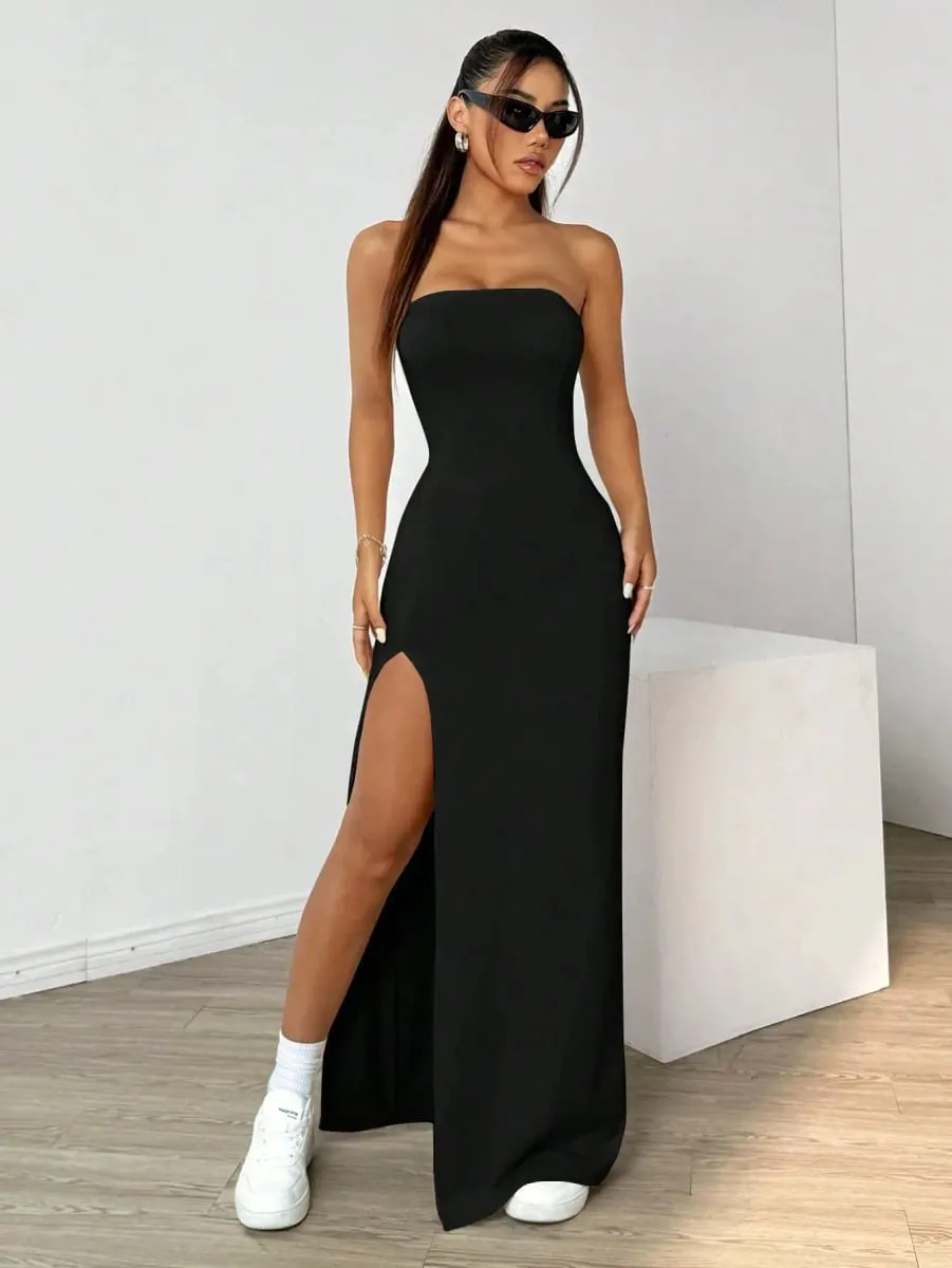 Robe mi-longue moulante sans bretelles pour femmes, haut tubulaire, fente latérale haute, couleur unie, noir, sans manches, coupe cintrée, longue robe de soirée