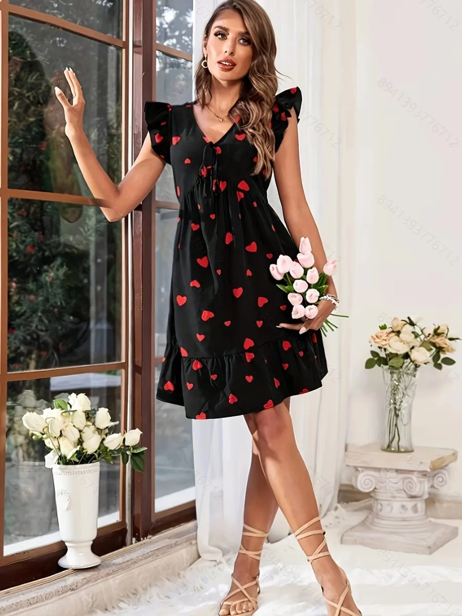 Fashionable Elegance Sweet Heart Print V-Neck Cap-Sleeve Women's Dress Vibrant Casual Chic Style Ladies Gown