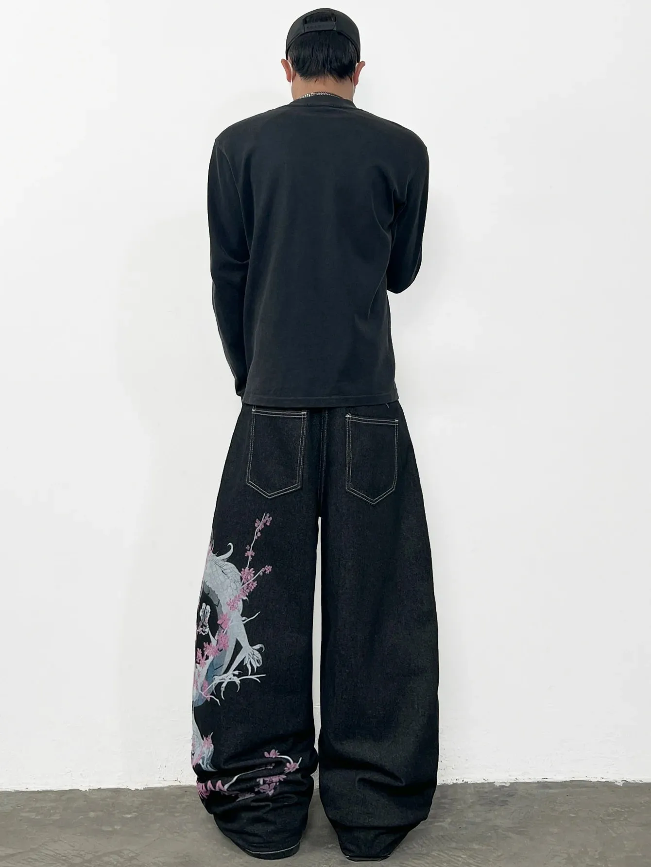 American Retro-Style Printed Dragon Black Baggy Jeans Men Y2K Street Hip-Hop Trendy Versatile Wide-Leg Pants