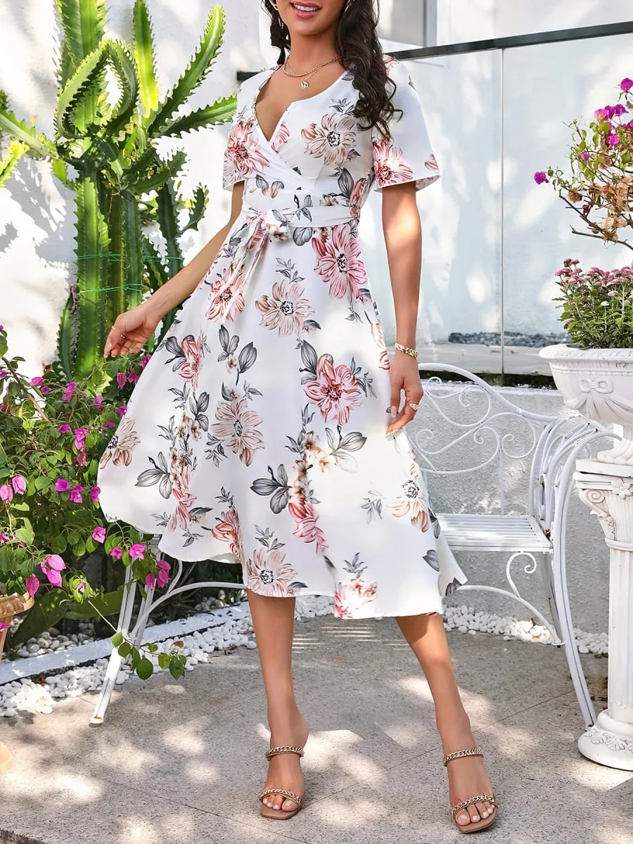 Women's Floral Print Wrap Dress - Short Sleeve V Neck Belted Midi Dress