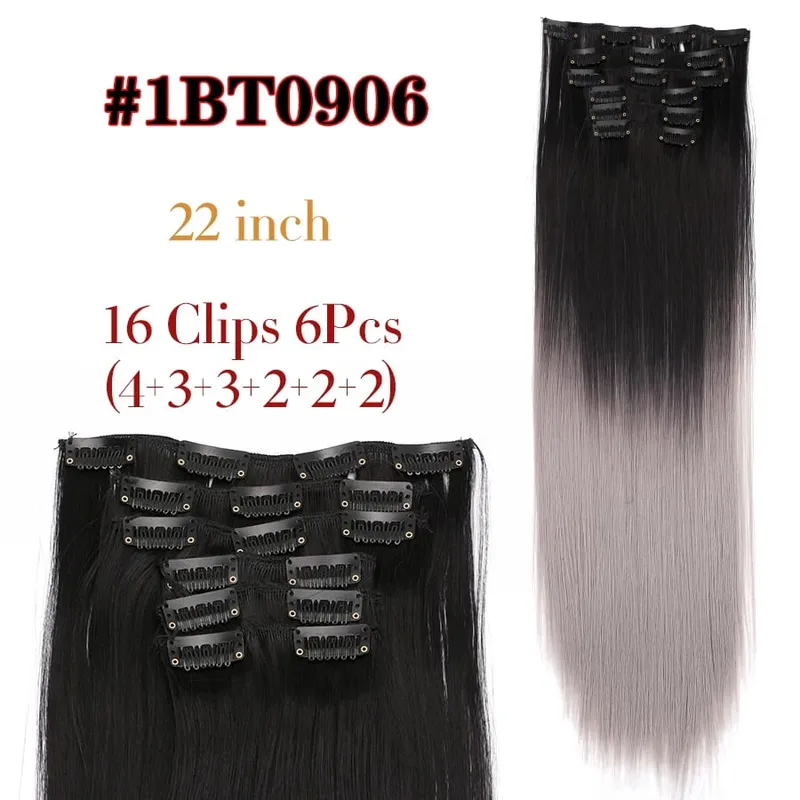 Black Clip In Extensions Straight 22" Long Synthetic Thick Clips On Hair Piece For Women 6Pcs/Set Curly Full Head Weddings Daily