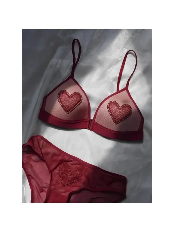 Red Lingerie Set Wireless Front Hook Bra French Triangle Thin Cup Embroidery Bra Set For Festival Soft Comfortable Daily Use