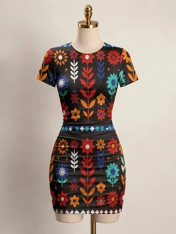 Womens Short Sleeve Bodycon Mini Dress Slim Fit Crew Neck Floral Print Casual Summer Party Cute Smooth Weekend Vacation Sundress