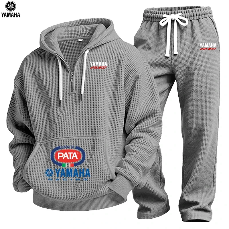 2026 Yamaha Spring/Autumn New Men's Waffle Hooded Sweatshirt Set - Top - Street Vacation Long-Sleeved Casual Fashion Outdoor Dai