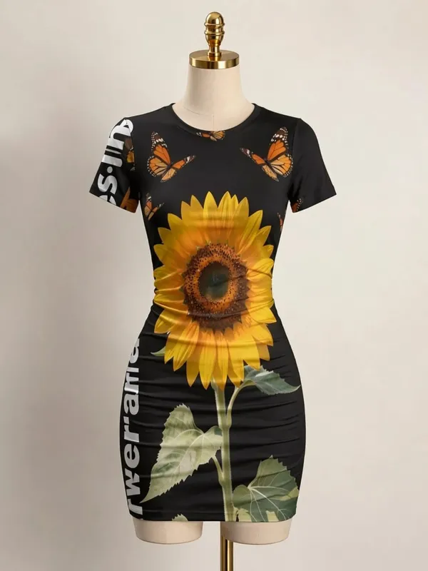 Γυναικείο κοντό μανίκι Μίνι φόρεμα Bodycon Slim Fit Crew Neck Floral print Casual καλοκαιρινό πάρτι Χαριτωμένο κομψό, απαλό Sundress για διακοπές