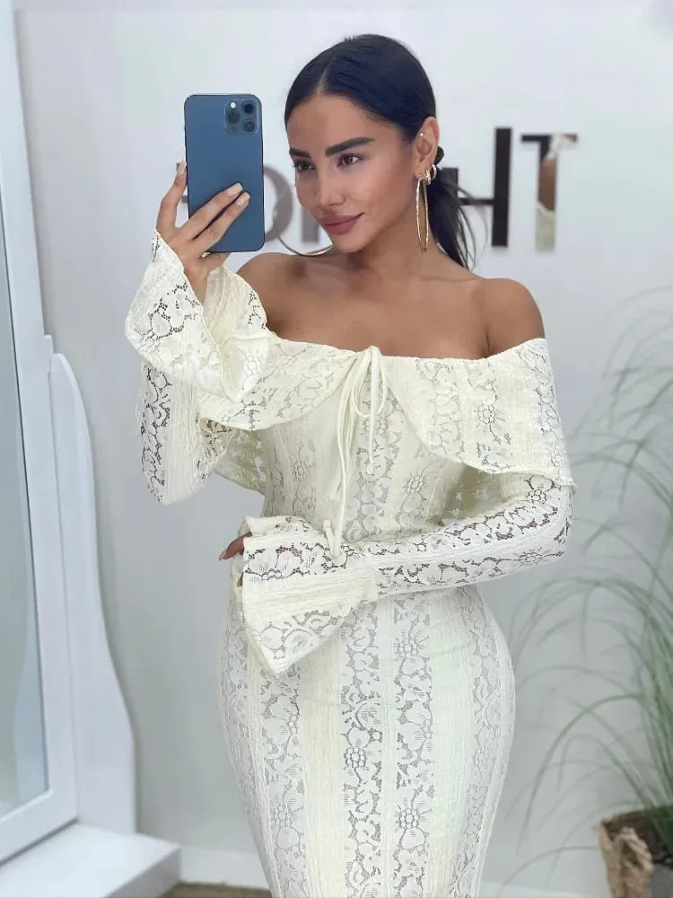 White Lace Patchwork Long Dress Women's Pleated Ruffle Sleeve Off shoulder bodycon See Through Vestidos 2025 Lady Party Gowns