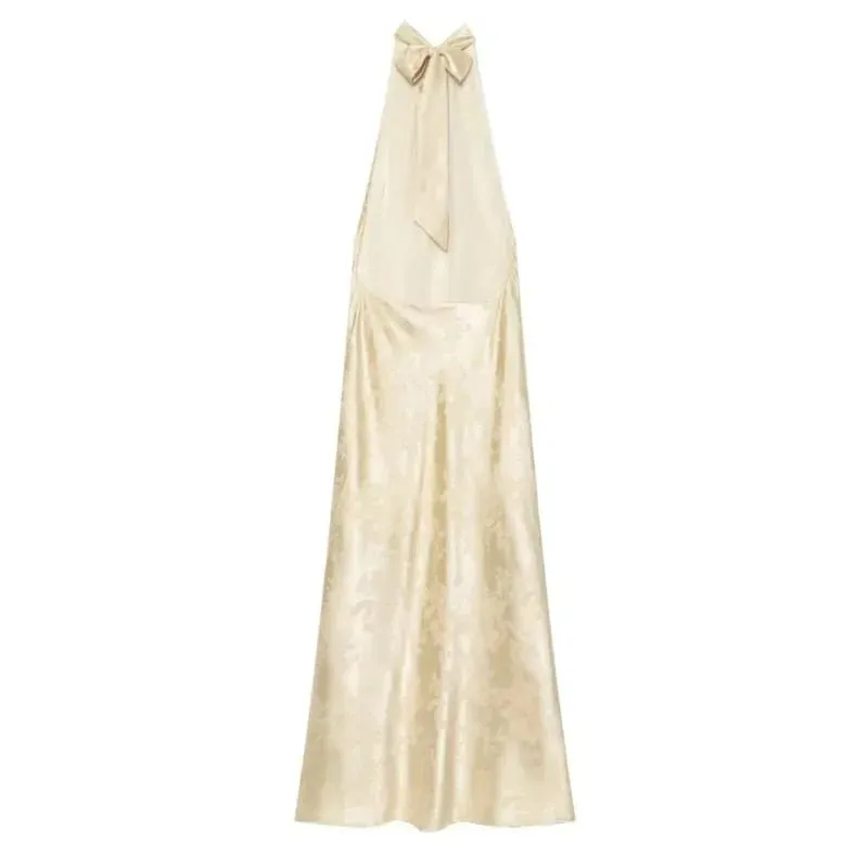 2026Minimalist Style Summer Women S Backless Flower Jacquard Hanging Neck MIDI Dress Bare Shoulders Fashion Elegant Long Dresses