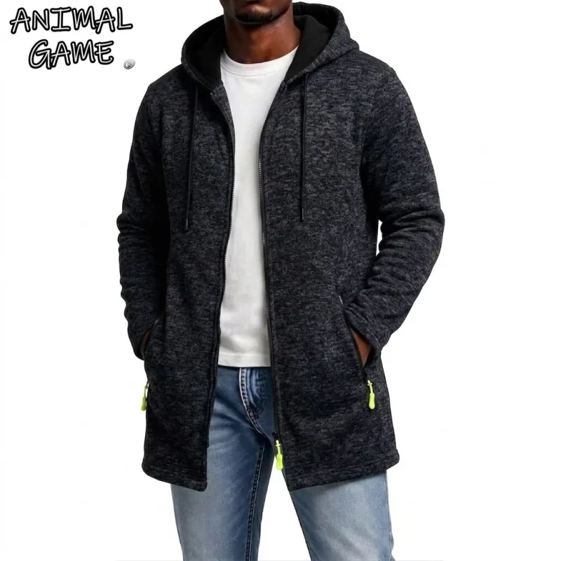 New Men's Zip Up Hoodie Casual Mid-Length Sweatshirts Fleece Jacket Warm Winter Hooded Trench Coat Outerwear with Zipper Pockets