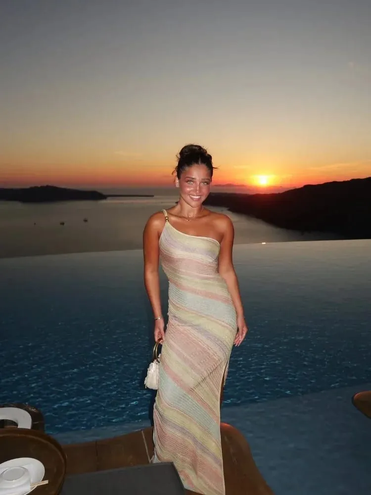 Women Rainbow Stripe Knit Maxi Dress One Shoulder Single Strap Side Split Bodycon Vestidos Summer Beach Vacation Party Robe 2026