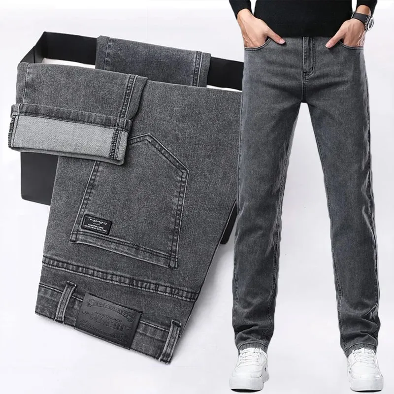 Spring New Men's Slim Fit Elastic Jeans Fashion Gray Comfortable Casual Denim Pants Korean Business Work Straight Black Trousers