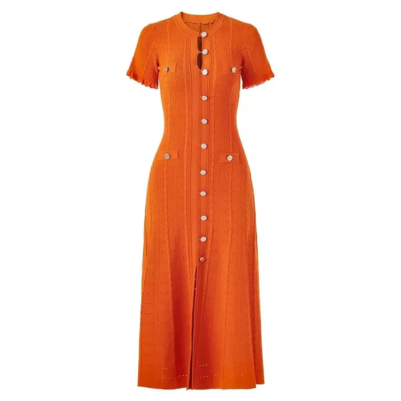 Vintage Cable Knit Midi Dress Button Front Ruffled Short Sleeve Pocket Design Elegant Party Casual Knitted Dress