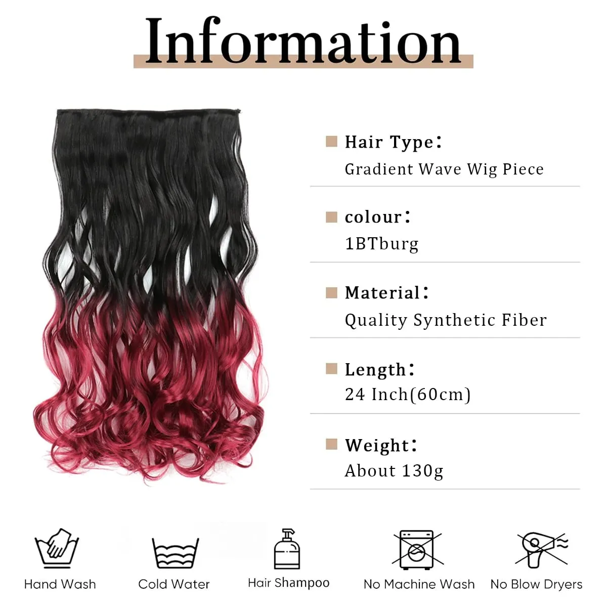24-calowe Ombre Dip Dye Długie kręcone doczepiane włosy Dwukolorowe grube syntetyczne treski na całą głowę (od czarnego do ciemnoczerwonego)