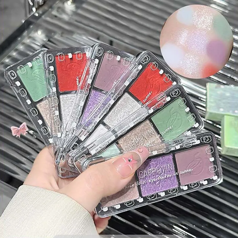 3-Color Glitter Eyeshadow Strip Palette Brightening Waterproof Gradient Mint-green Summer Lying Silkworm Eye Pigment Makeup