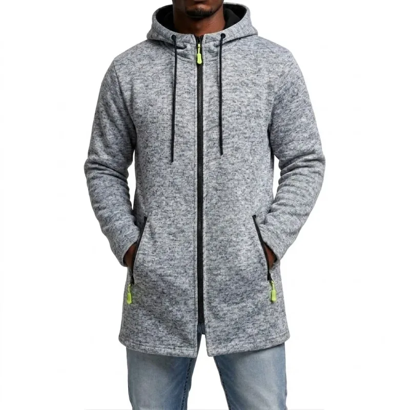 New Men's Zip Up Hoodie Casual Mid-Length Sweatshirts Fleece Jacket Warm Winter Hooded Trench Coat Outerwear with Zipper Pockets