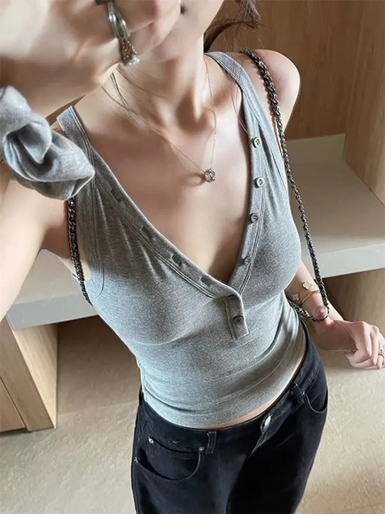 zjaiss Fashion Slim Fit Tank Top 2026 Summer V-neck Button Women Cami With Built-in Bra Pad Casual Basic Inner Top