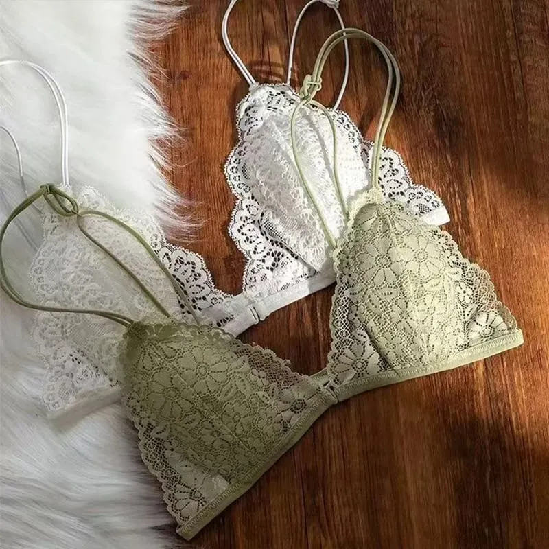 Fransk stil Sexet blonde tynd trekant bh med knap foran kvinders ring uden stål Trådløs lingeri undertøj Smuk bh bagpå