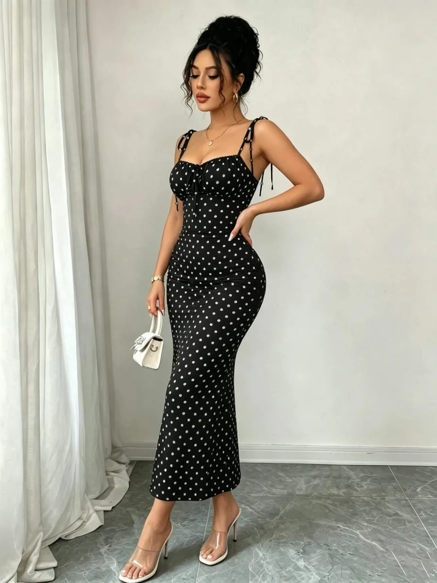 Itim at Puting Polka Dot Bow Mid-Length na Damit Pleated Tight-Fitting Fishtail Dress Vintage Slim-Fit Fishtail Party Long Dress