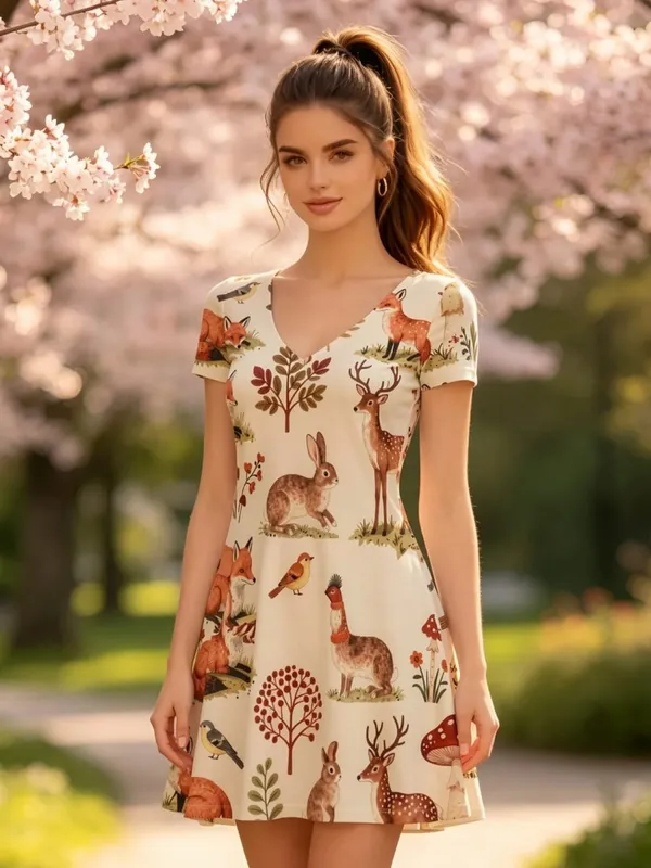 Womens V Neck Short Sleeve Fit Flare Mini Dress Breezy A Line Casual Sundress for Weekend Vacation Travel Everyday Casual Outfit