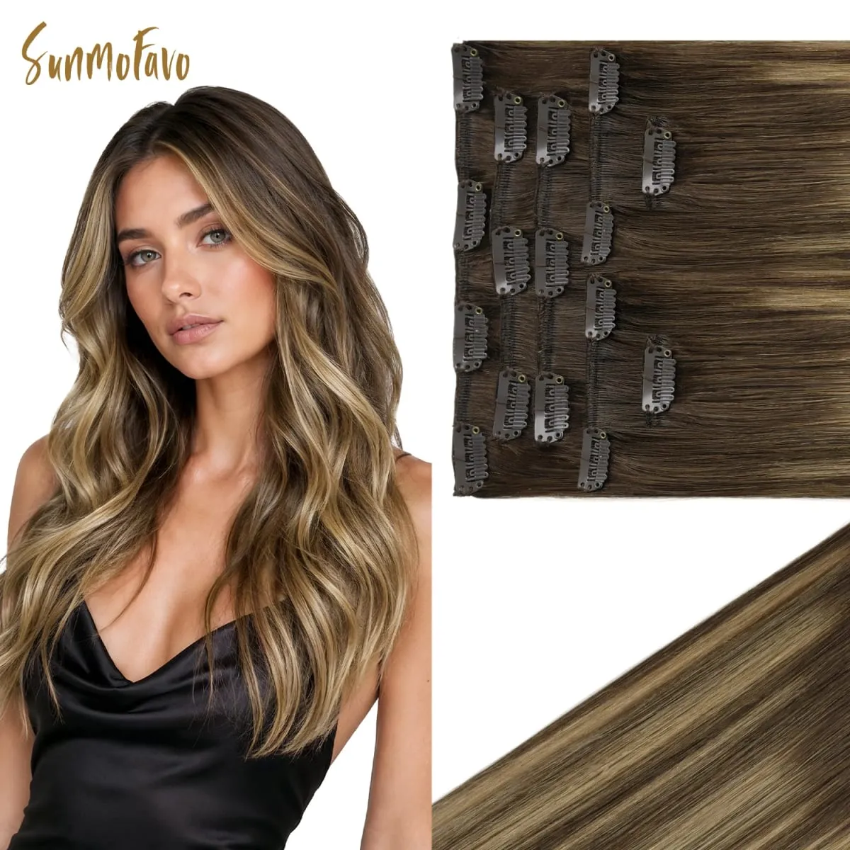Sunmofavo 100% Remy Human Hair Clip In Hair Extensions Balayage Caramel Blonde 7Pcs 120G Soft Silky Real Human Hair Perfect Match Balayage Hairstyle Easy Install Removable Instant Full Thick Volume Ideal for Daily Look Dating Party Wedding
