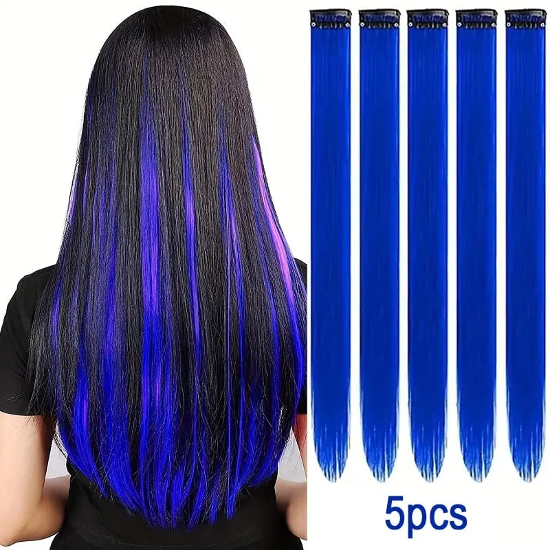 22Inch Synthetic Long Straight 5pcs Clip in Hair Extension Colored Rainbow Hairpieces for Women Daily Use