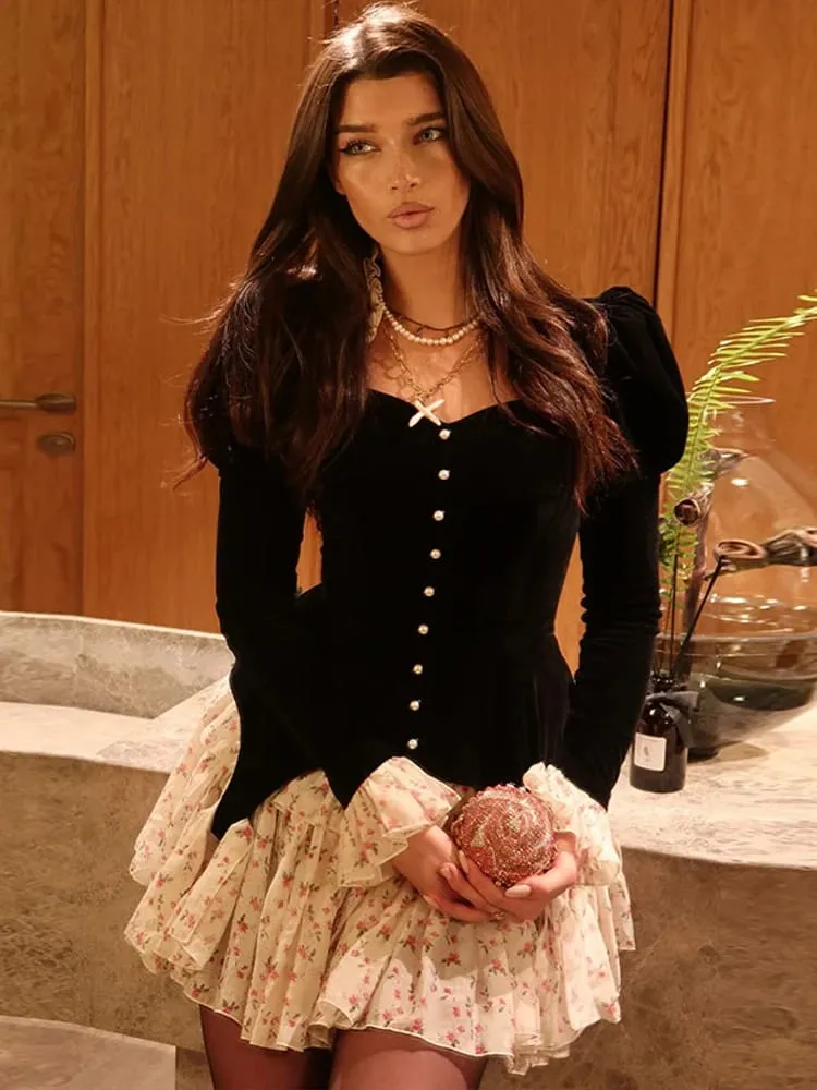 Club Floral Print Patchwork Women's Dress Sexy Long Flare Sleeve V-neck Female Mini Dresses 2026 Spring Summer Pearl Lady Robe