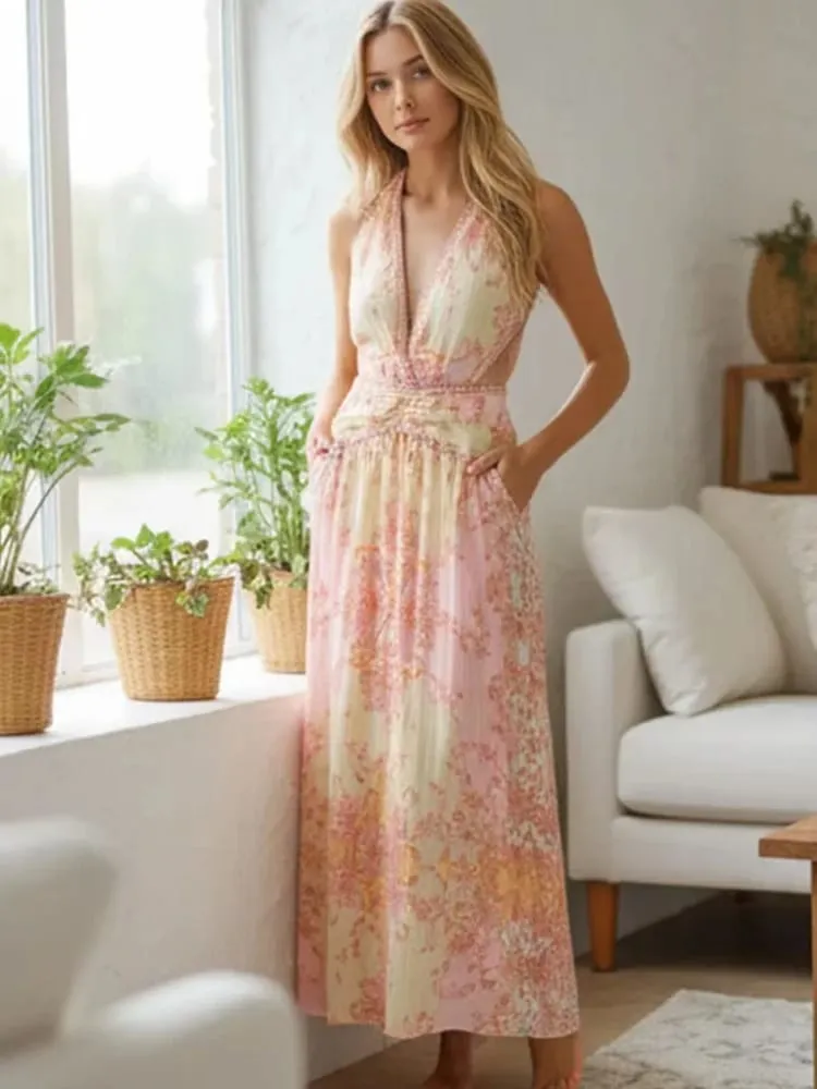 Floral impressão halter vestido feminino chique com decote em v sem mangas sem costas cintura-cinging maxi vestidos 2026 novo verão senhora férias roupões